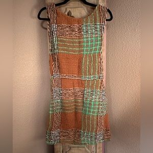 Free People Brown + Green Plaid shirred, open-backed dress